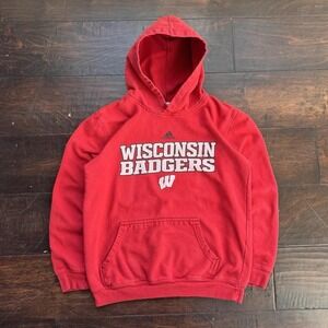 Vintage Wisconsin Badgers Hoodie Large Red Sweatshirt Team Logo Adidas Sweater